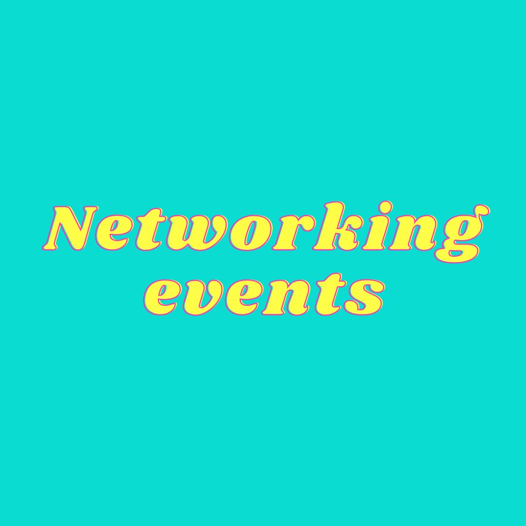 Networking events logo on a turquoise background. Marketing support provided.