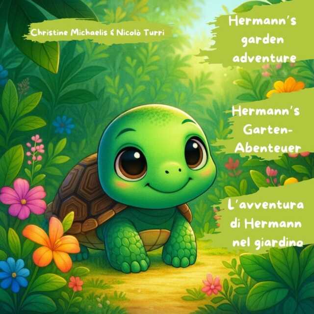 Illustrated cover of a children's book featuring a smiling cartoon turtle in a lush garden, with the title "Hermann's garden adventure" in English, German, and Italian.