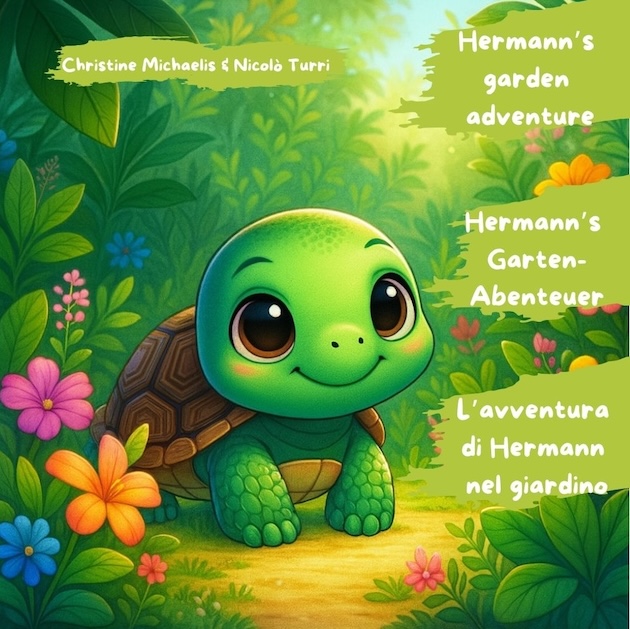 Illustration of a smiling baby turtle in a colorful garden, with book titles in English, German, and Italian, and authors' names on a green sign.